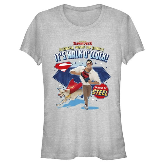 Junior's DC League of Super-Pets Superman and Krypto Walk O'Clock Graphic Tee Athletic Heather Large