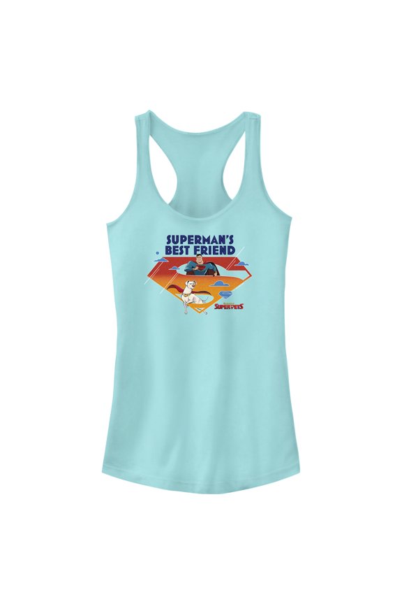 Junior's DC League of Super-Pets Superman's Best Friend Logo Racerback Tank Top Cancun Medium