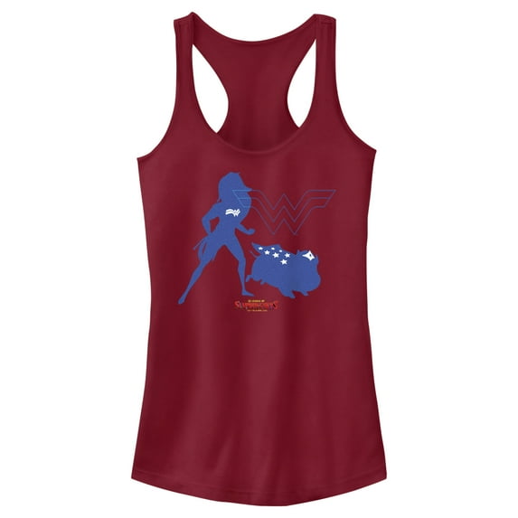Junior's DC League of Super-Pets Wonder Woman and PB Silhouette Racerback Tank Top Scarlet X Small