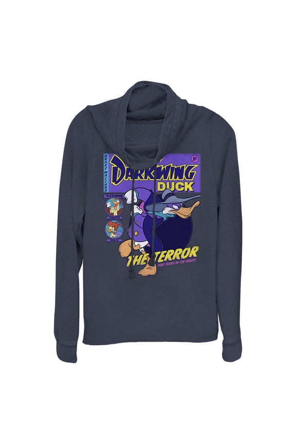 Junior's Darkwing Duck Comic Cover Cowl Neck Sweatshirt Navy Blue Large