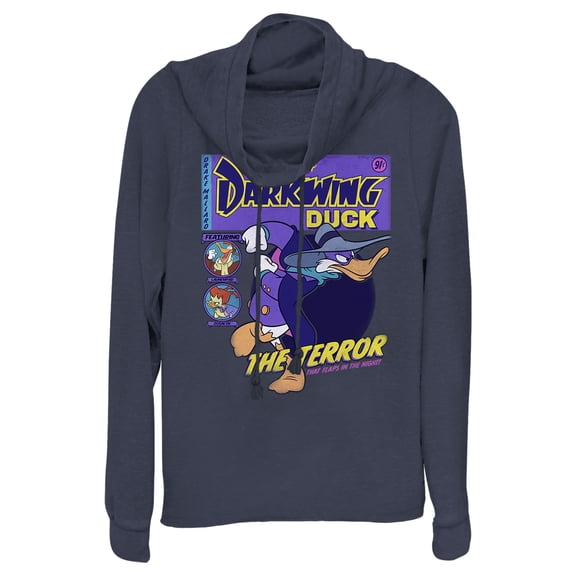 Junior's Darkwing Duck Comic Cover Cowl Neck Sweatshirt Navy Blue X Large