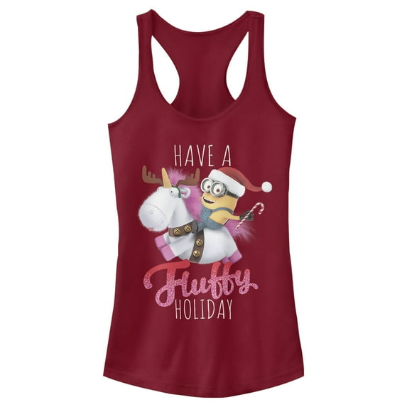 Junior's Despicable Me Christmas Minions Have A Fluffy Day Unicorn Racerback Tank Top Scarlet Large