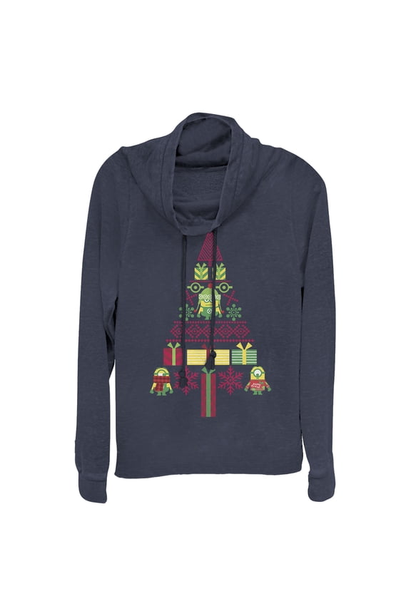 Junior's Despicable Me Ugly Christmas Minons Tree 2D Cowl Neck Sweatshirt Navy Blue X Small