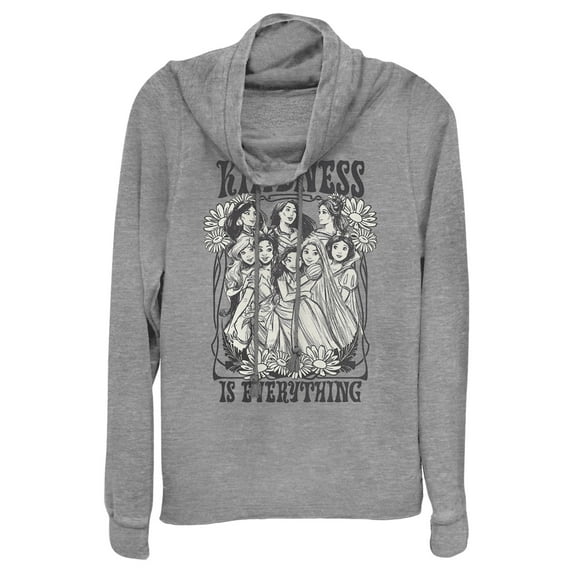 Junior's Disney Black and White Princesses Kindness is Everything Cowl Neck Sweatshirt Gray Heather 3X Large