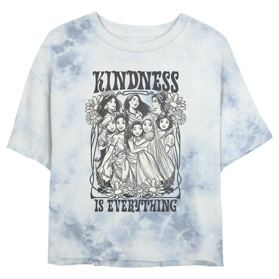 Junior's Disney Black and White Princesses Kindness is Everything Crop Graphic Tee White/Blue Small