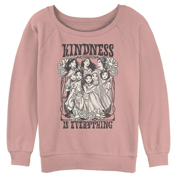 Junior's Disney Black and White Princesses Kindness is Everything Sweatshirt Desert Pink 2X Large