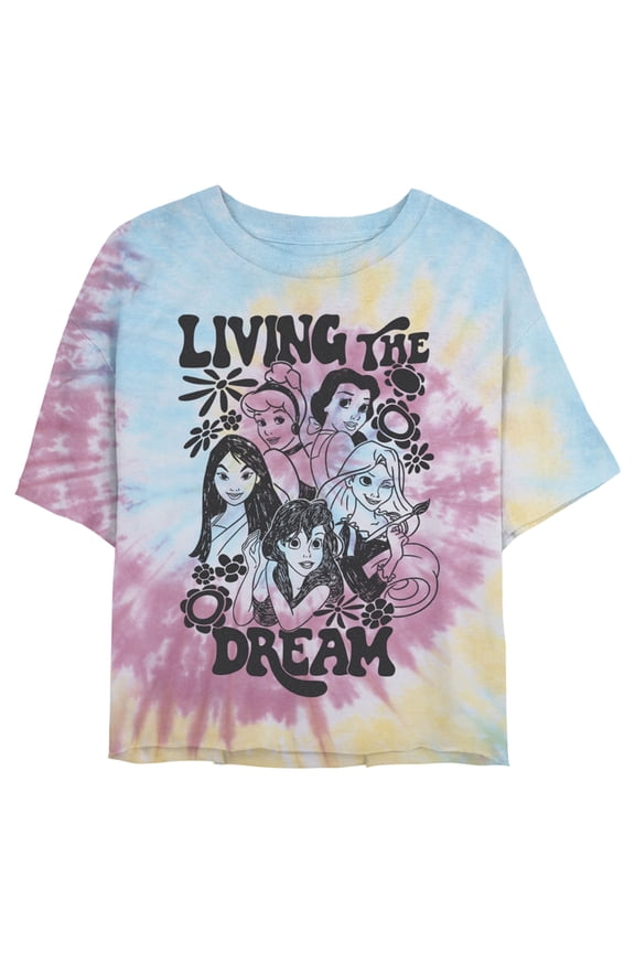 Juniors' Disney Black and White Princesses Living the Dream Cropped T-Shirt Blue/Pink/Light Yellow X Large