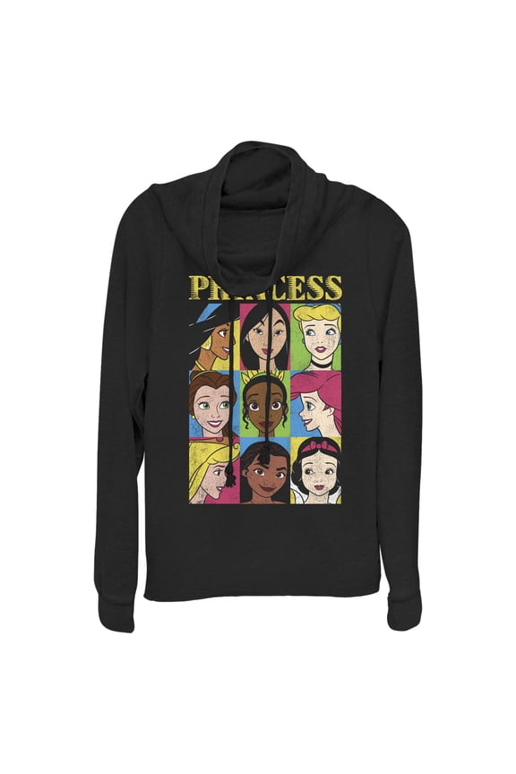 Junior's Disney Princess Distressed Close-Up Poster Cowl Neck Sweatshirt Black Medium