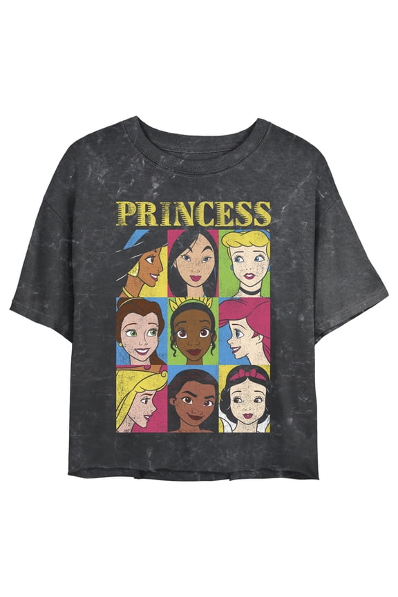 Junior's Disney Princess Distressed Close-Up Poster Crop Graphic Tee Black Medium
