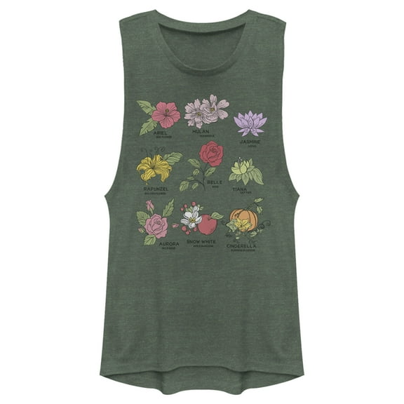 Junior's Disney Princess Floral Chart  Festival Muscle Graphic Tee Pine Green Heather X Large