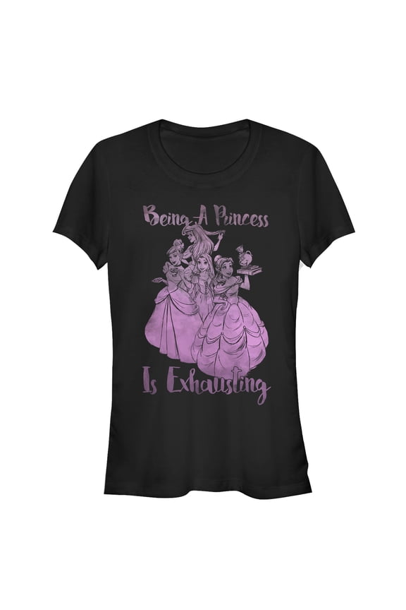 Junior's Disney Princesses Being a is Exhausting  Graphic Tee Black Small