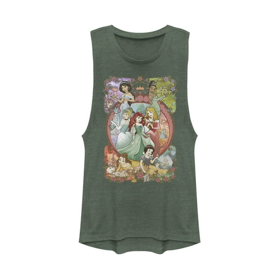 Junior's Disney Princesses Vintage Collage Festival Muscle Graphic Tee Pine Green Heather Large