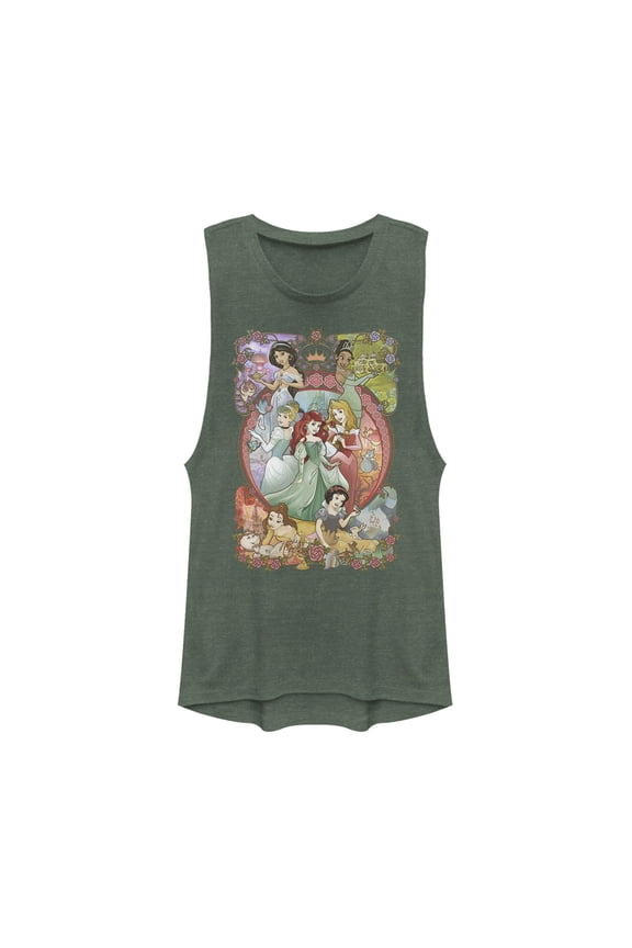 Junior's Disney Princesses Vintage Collage Festival Muscle Graphic Tee Pine Green Heather X Large