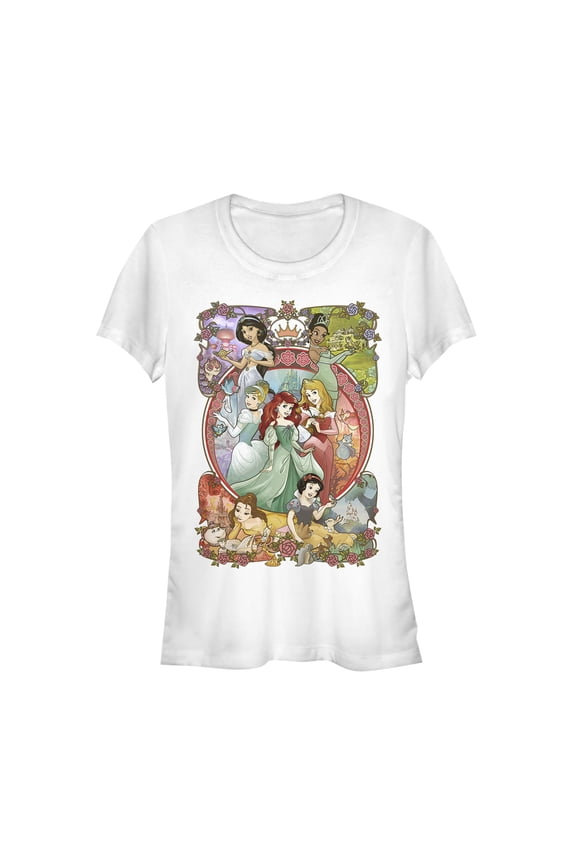 Junior's Disney Princesses Vintage Collage Graphic Tee White Large