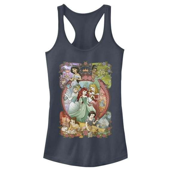 Junior's Disney Princesses Vintage Collage Racerback Tank Top Indigo Large