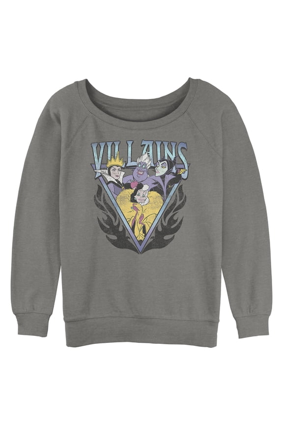 Junior's Disney Villains Distressed Flames Logo Sweatshirt Gray Heather Medium