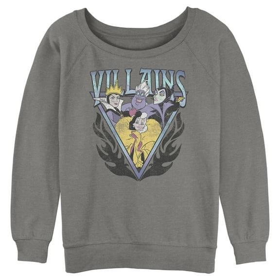 Junior's Disney Villains Distressed Flames Logo Sweatshirt Gray Heather Medium