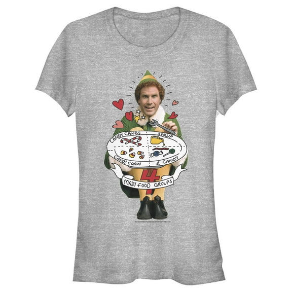 Junior's Elf Buddy Cartoon Food Groups  Graphic Tee Athletic Heather Large