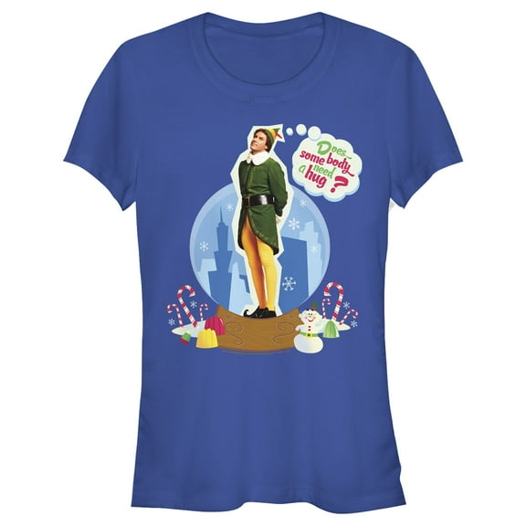 Junior's Elf Buddy Hug Snow Globe  Graphic Tee Royal Blue Small