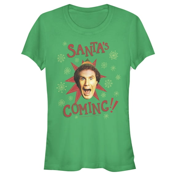 Junior's Elf Buddy Santa's Coming Graphic Tee Kelly Green Small