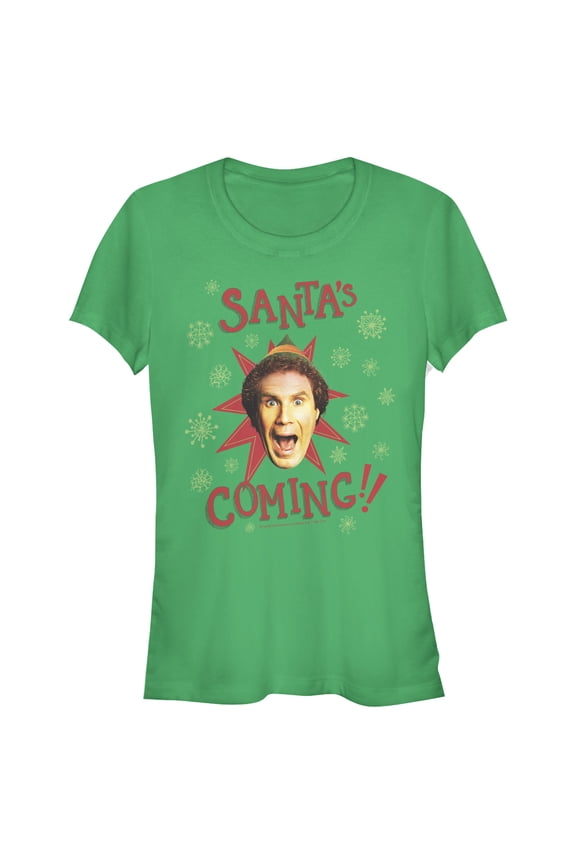 Junior's Elf Buddy Santa's Coming Graphic Tee Kelly Green Small