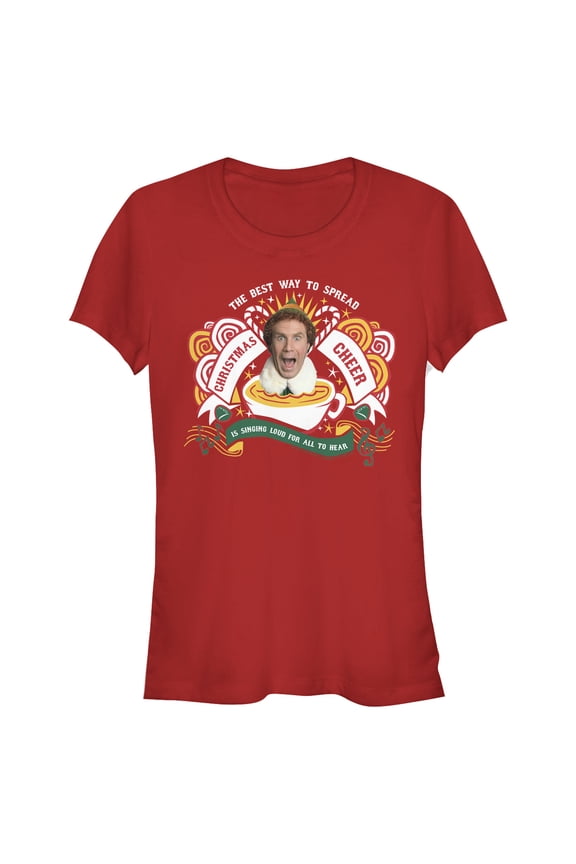 Junior's Elf Christmas Cheer Singing  Graphic Tee Red X Large