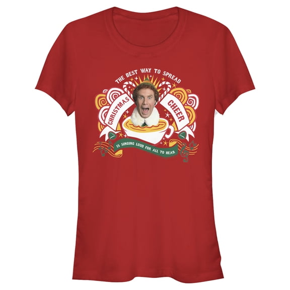 Junior's Elf Christmas Cheer Singing Graphic Tee Red X Large