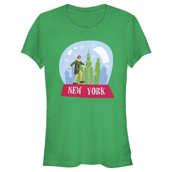 Junior's Elf New York Snow Globe Graphic Tee Kelly Green Large