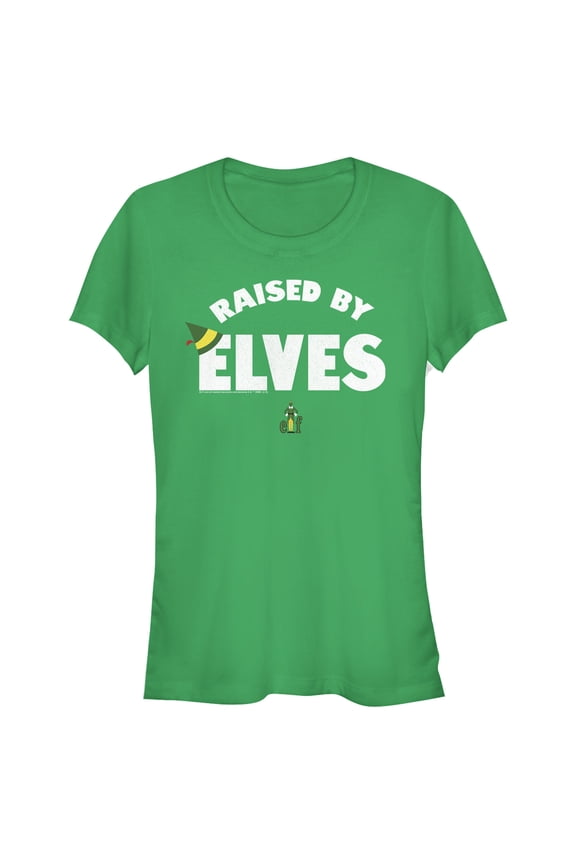 Junior's Elf Raised By Elves  Graphic Tee Kelly Green Medium