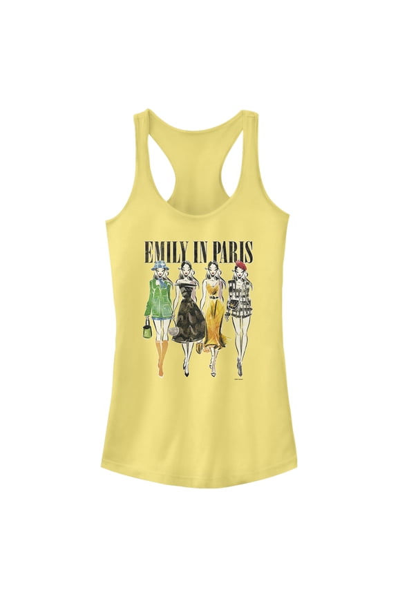 Junior's Emily in Paris Fashion Sketches Racerback Tank Top Banana Medium