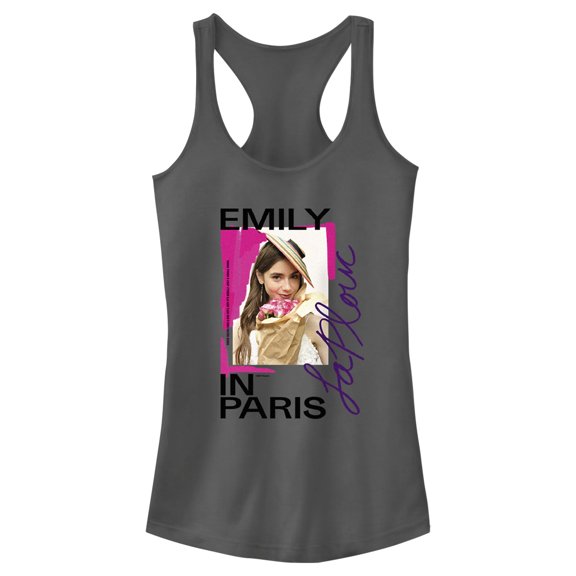 Junior's Emily in Paris La Plouc Flowers Photo Racerback Tank Top Charcoal X Large