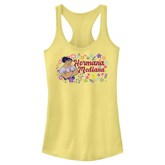 Junior's Encanto Luisa Hermana Mediana with Flower  Racerback Tank Top Banana 2X Large