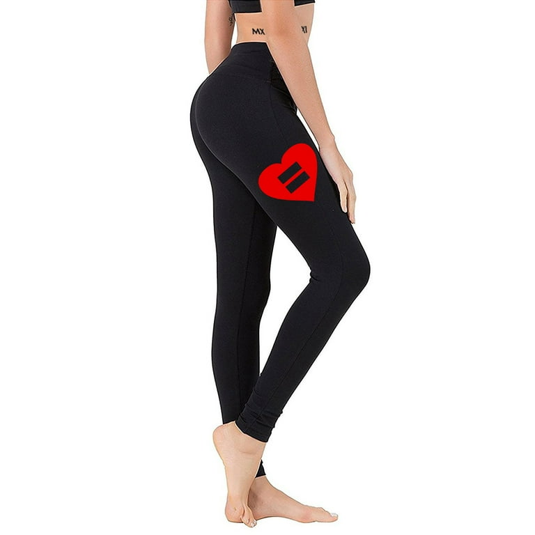 Junior's Equality Red Heart V194 Black Athletic Workout Leggings Thights  One Size + (XL-3XL) 