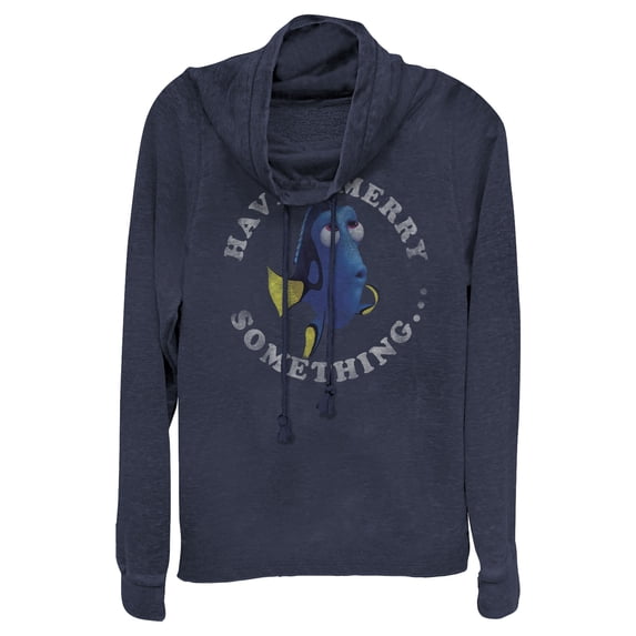 Junior's Finding Dory Merry Christmas Something Cowl Neck Sweatshirt Navy Blue X Large