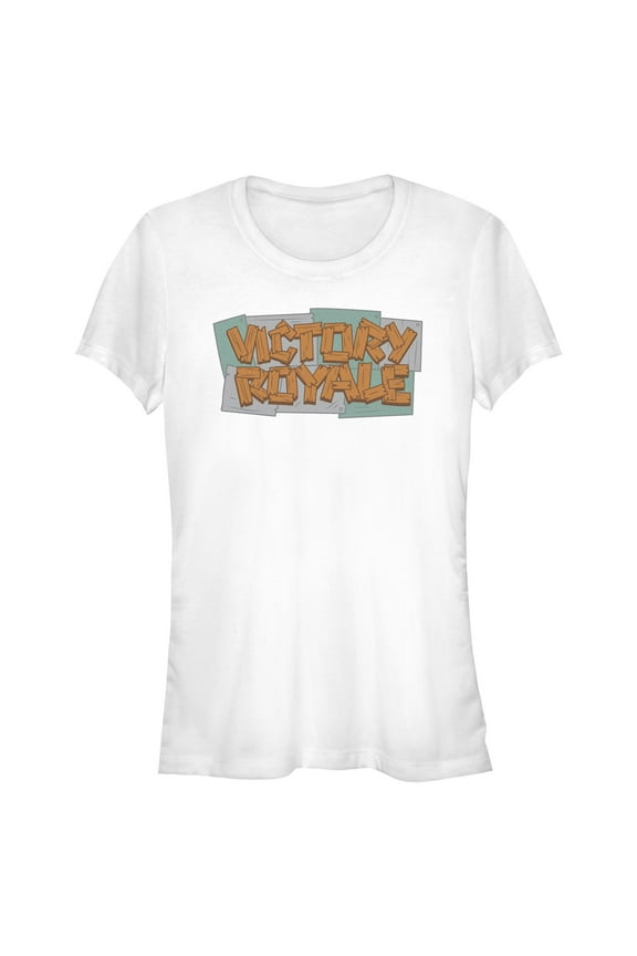 Junior's Fortnite Victory Royale Wooden Logo  Graphic Tee White Large
