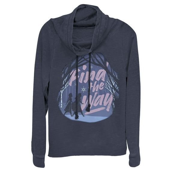 Junior's Frozen 2 Elsa Anna Find The Way Silhouettes Poster Cowl Neck Sweatshirt Navy Blue Medium