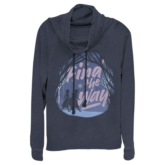 Junior's Frozen 2 Elsa Anna Find The Way Silhouettes Poster  Cowl Neck Sweatshirt Navy Blue Small