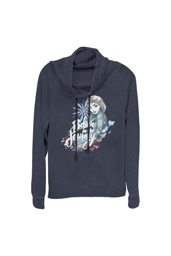 Junior's Frozen 2 Elsa Believe Watercolor  Cowl Neck Sweatshirt Navy Blue X Large