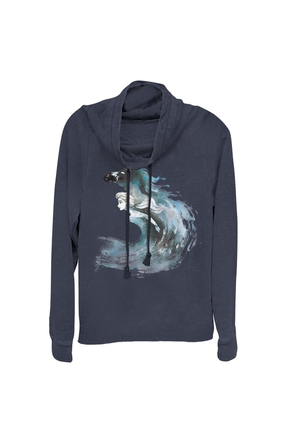 Junior's Frozen 2 Elsa Horse Water Spirit  Cowl Neck Sweatshirt Navy Blue Medium