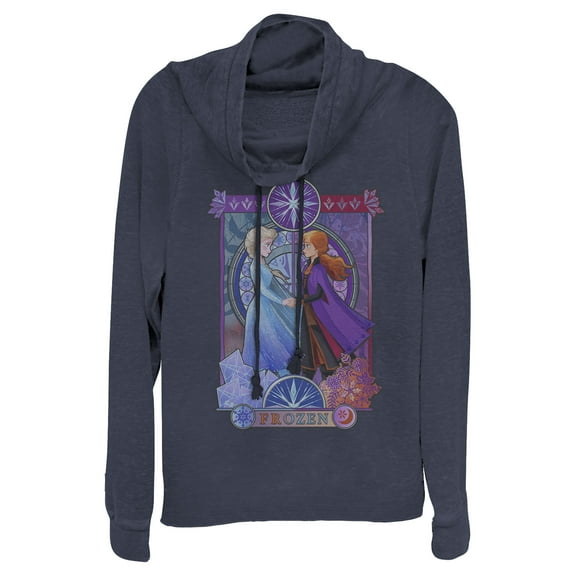 Junior's Frozen 2 Sister Stained Glass  Cowl Neck Sweatshirt Navy Blue X Large