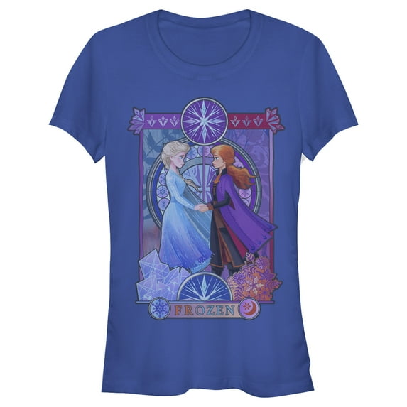 Junior's Frozen 2 Sister Stained Glass Graphic Tee Royal Blue Large