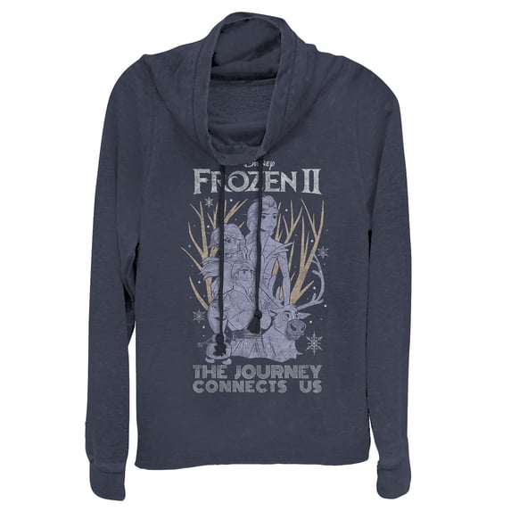 Junior's Frozen 2 Vintage Journey Connects Cowl Neck Sweatshirt Navy Blue 2X Large