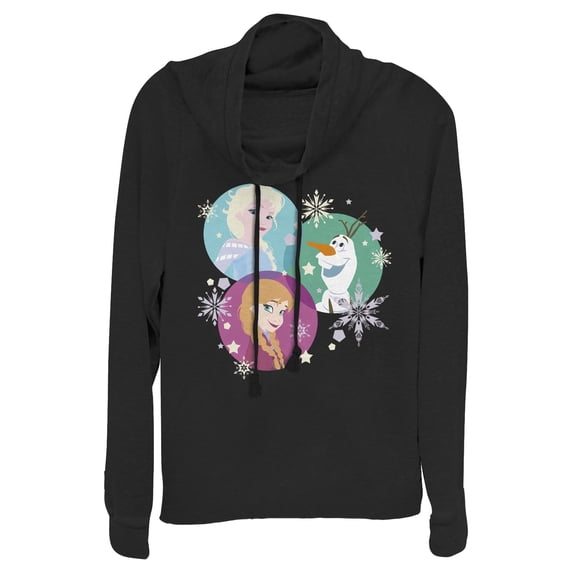 Junior's Frozen Character Snowflakes Cowl Neck Sweatshirt Black 2X Large
