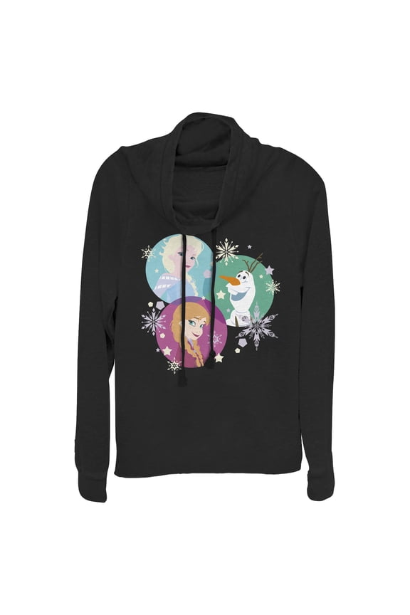 Junior's Frozen Character Snowflakes Cowl Neck Sweatshirt Black Small
