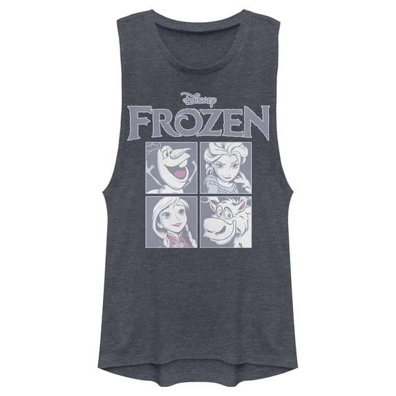 Junior's Frozen Character Squares Festival Muscle Graphic Tee Denim Blue Heather X Large