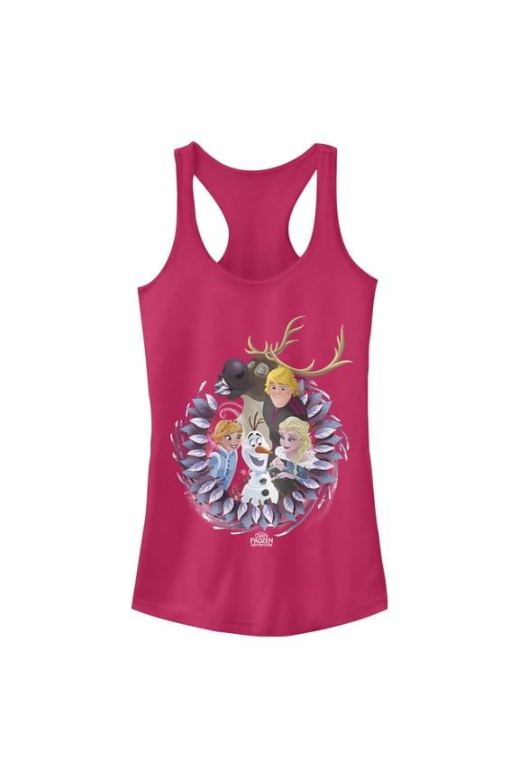 Junior's Frozen Character Wreath  Racerback Tank Top Dark Pink X Large
