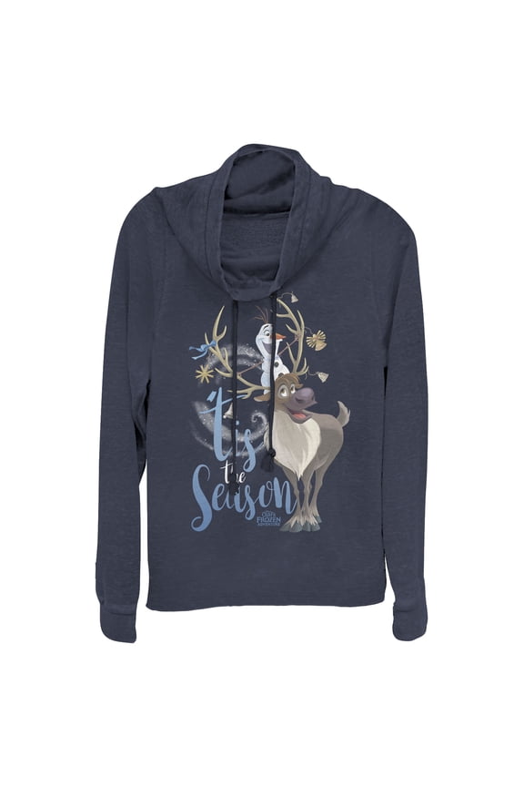 Junior's Frozen Christmas Olaf Season Cowl Neck Sweatshirt Navy Blue Medium