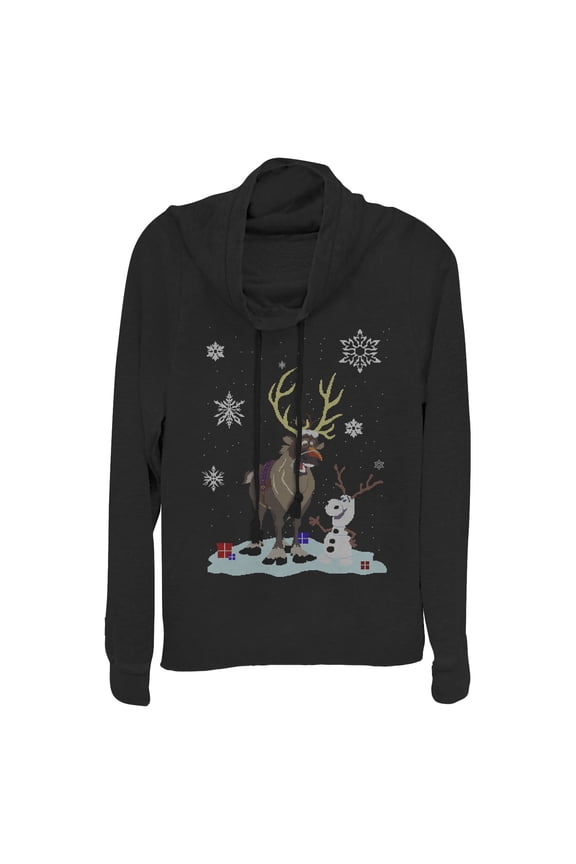 Junior's Frozen Christmas Sweater Friends Cowl Neck Sweatshirt Black X Small