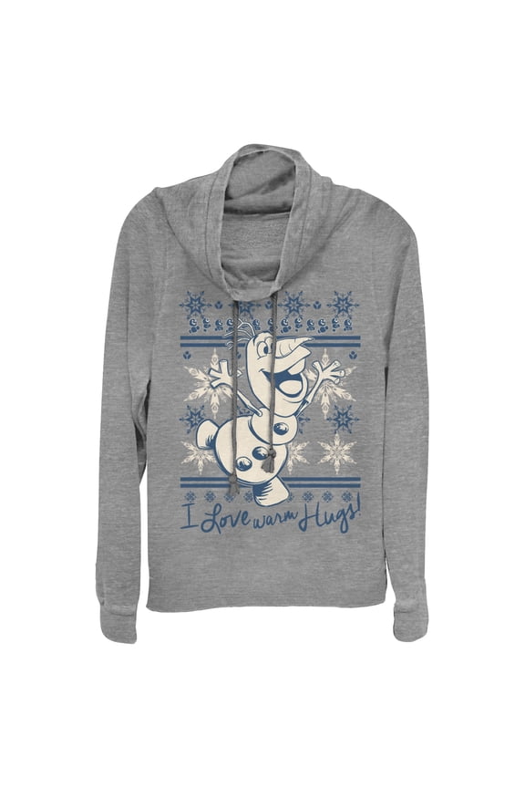 Junior's Frozen Christmas Warm Hugs Cowl Neck Sweatshirt Gray Heather 3X Large