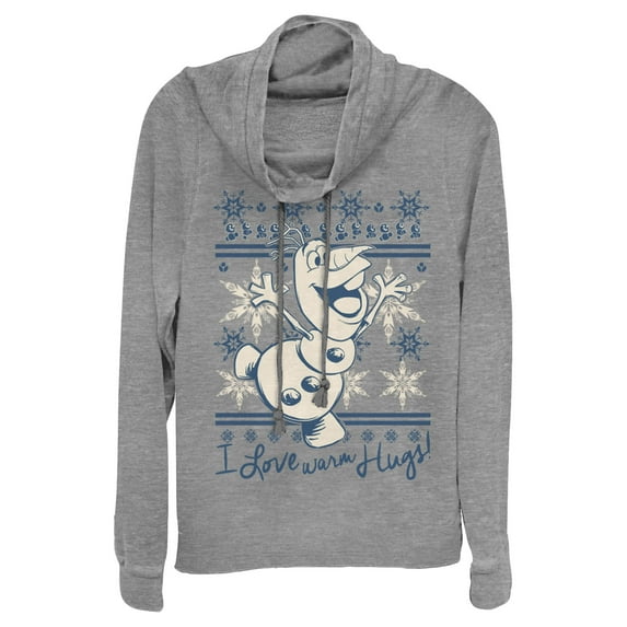 Junior's Frozen Christmas Warm Hugs Cowl Neck Sweatshirt Gray Heather X Large
